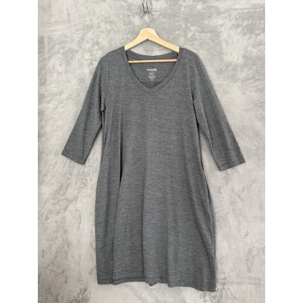 Wool& Willow Merino Wool Swing Dress Womens L Grey V Neck 3/4 Sleeve Pockets